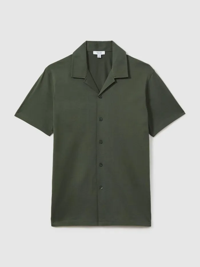 Men Reiss Knitwear Caspa Mercerised Jersey Cuban Collar Shirt Hunting Green