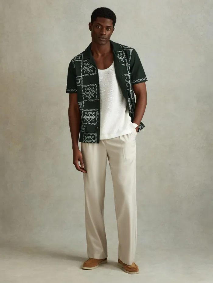 Men Reiss Knitwear Cosmos Textured Embroidered Cuban Collar Shirt Greenecru