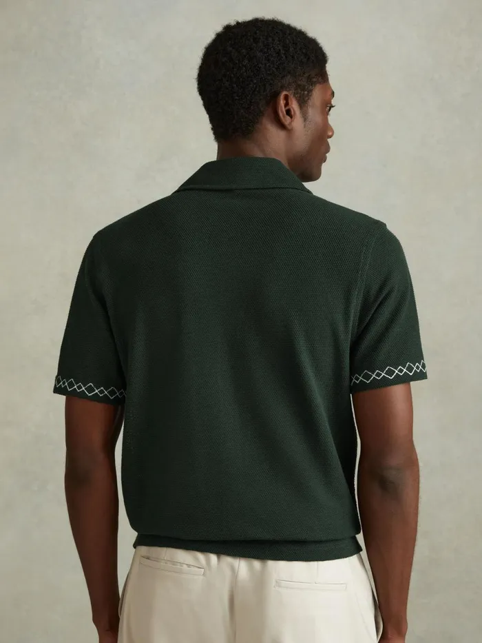 Men Reiss Knitwear Cosmos Textured Embroidered Cuban Collar Shirt Greenecru