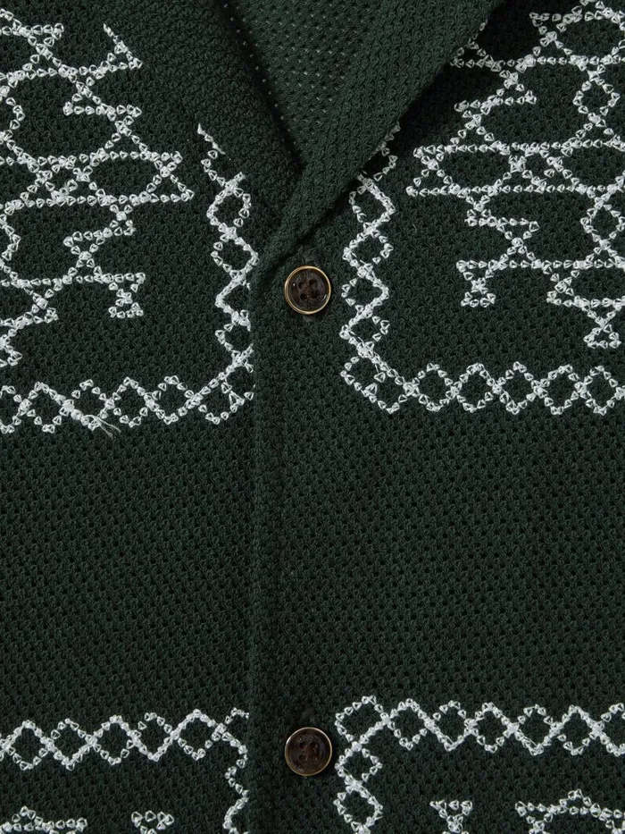 Men Reiss Knitwear Cosmos Textured Embroidered Cuban Collar Shirt Greenecru
