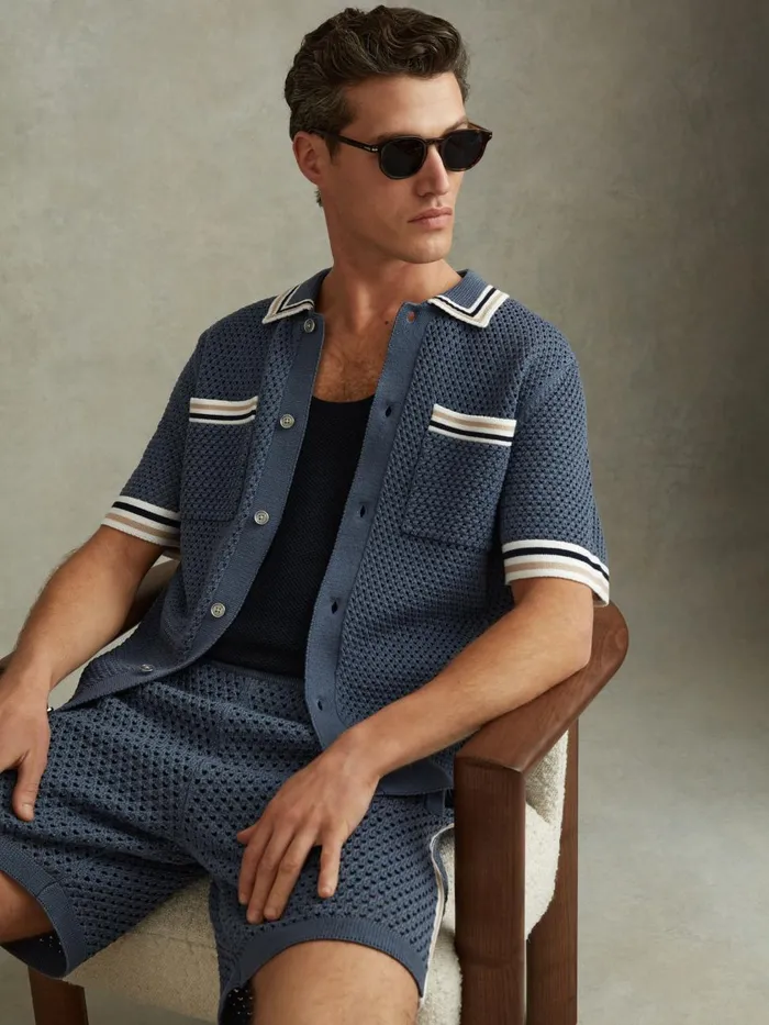 Men Reiss Knitwear Coulson Cotton Blend Crochet Shirt Airforce Blue