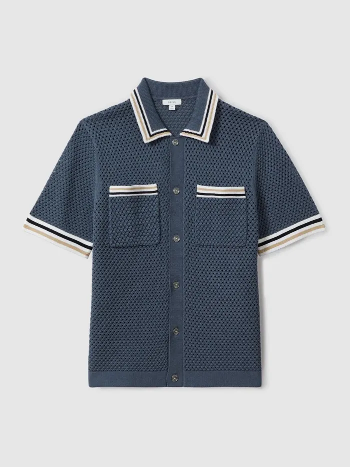 Men Reiss Knitwear Coulson Cotton Blend Crochet Shirt Airforce Blue