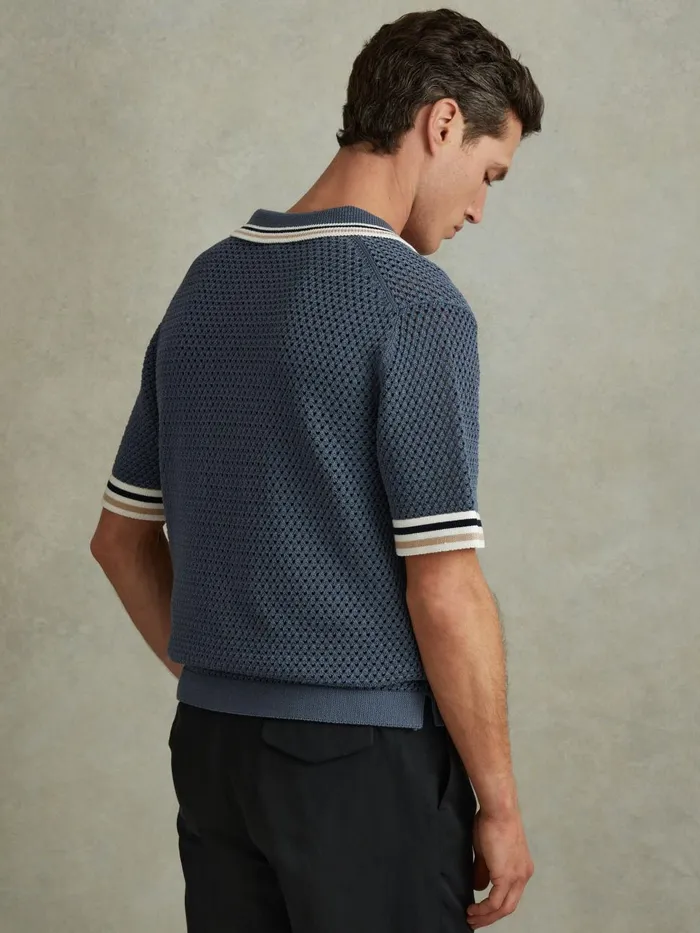 Men Reiss Knitwear Coulson Cotton Blend Crochet Shirt Airforce Blue