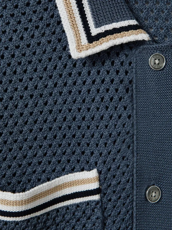 Men Reiss Knitwear Coulson Cotton Blend Crochet Shirt Airforce Blue
