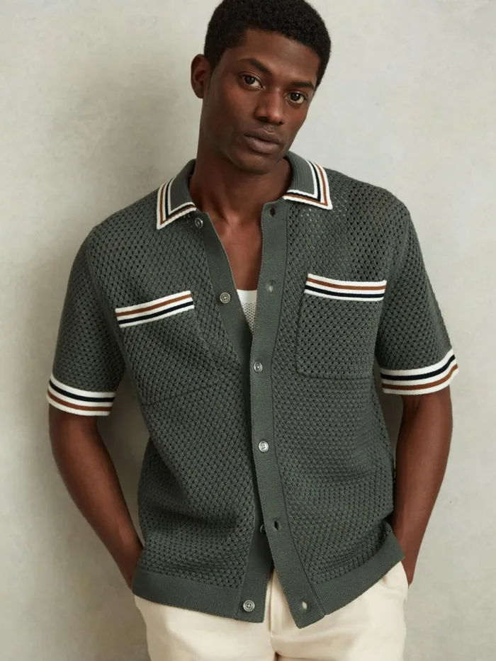 Men Reiss Knitwear Coulson Cotton Blend Crochet Shirt Dark Sage Green