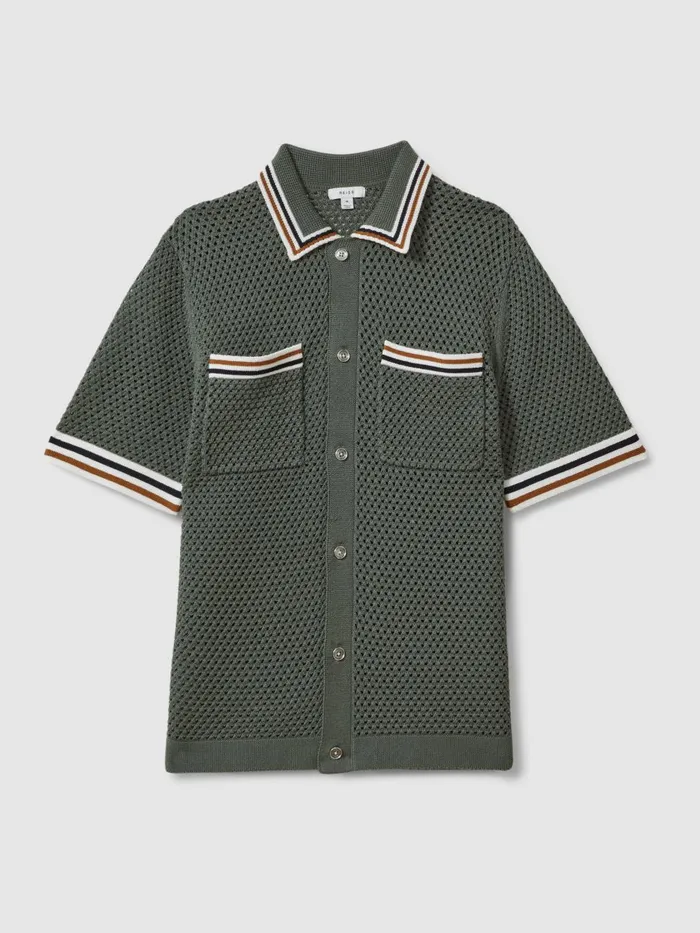 Men Reiss Knitwear Coulson Cotton Blend Crochet Shirt Dark Sage Green