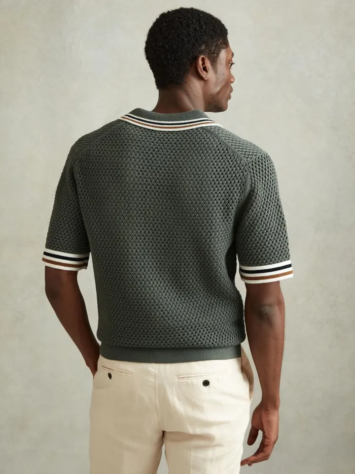 Men Reiss Knitwear Coulson Cotton Blend Crochet Shirt Dark Sage Green