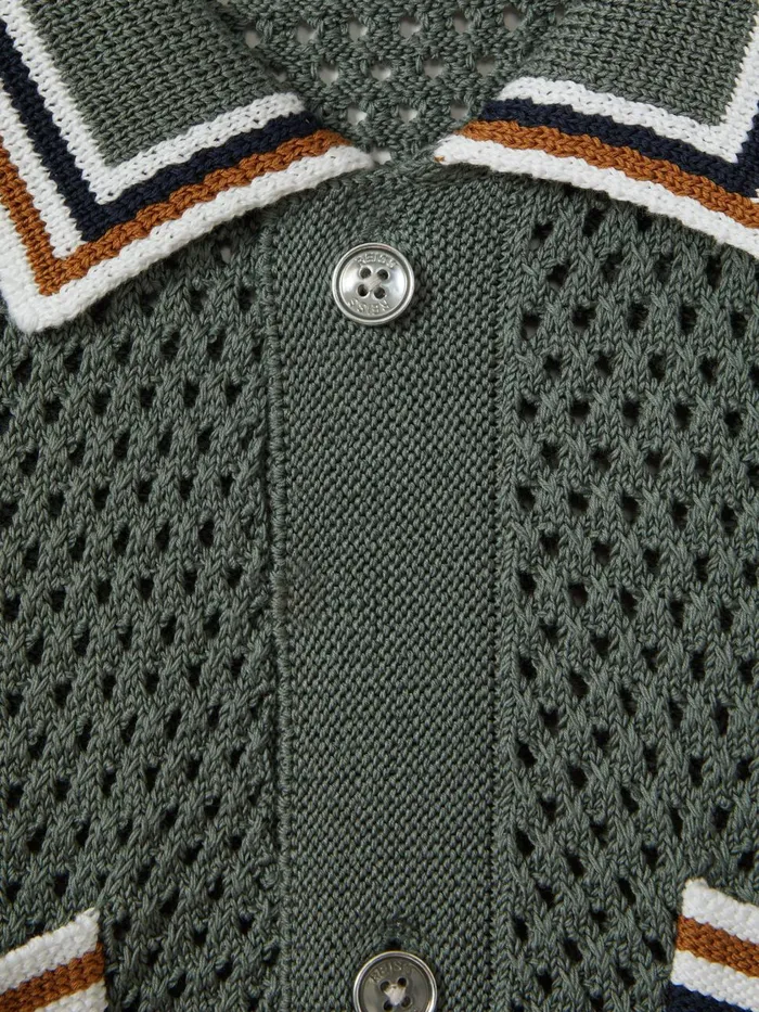 Men Reiss Knitwear Coulson Cotton Blend Crochet Shirt Dark Sage Green