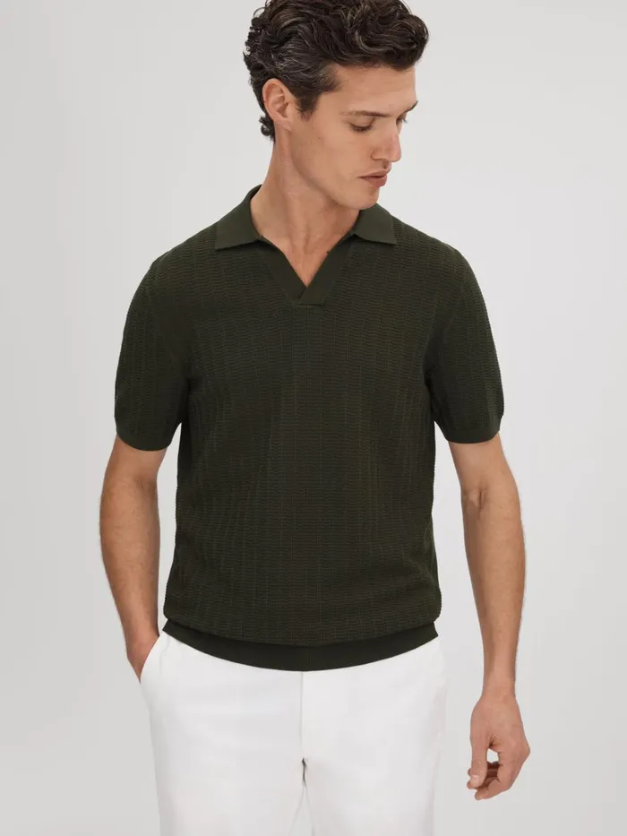 Men Reiss Knitwear Mickey Textured Modal Blend Open Collar Shirt Hunting Green