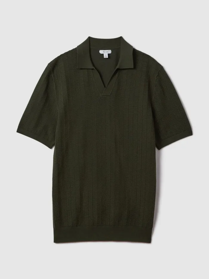 Men Reiss Knitwear Mickey Textured Modal Blend Open Collar Shirt Hunting Green