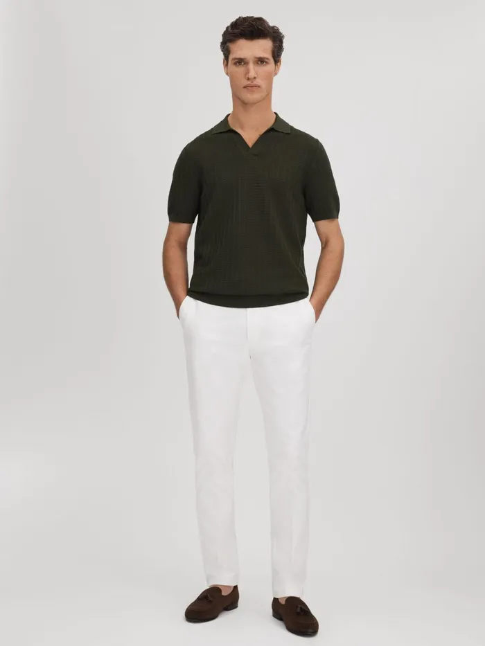 Men Reiss Knitwear Mickey Textured Modal Blend Open Collar Shirt Hunting Green