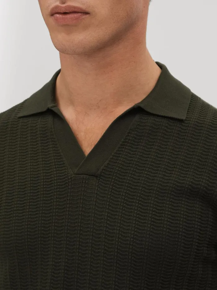 Men Reiss Knitwear Mickey Textured Modal Blend Open Collar Shirt Hunting Green