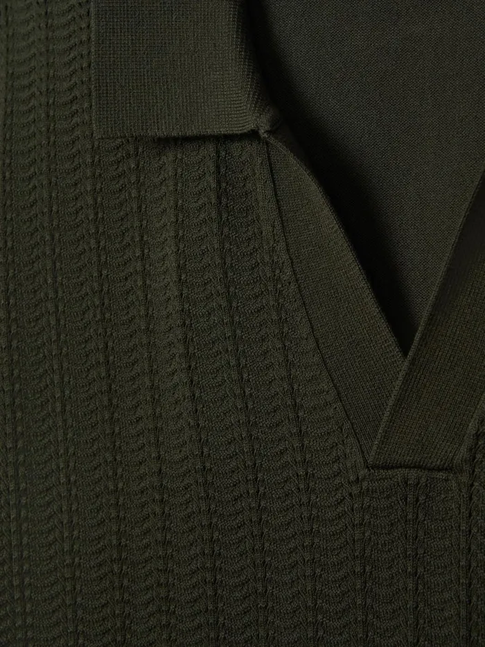 Men Reiss Knitwear Mickey Textured Modal Blend Open Collar Shirt Hunting Green