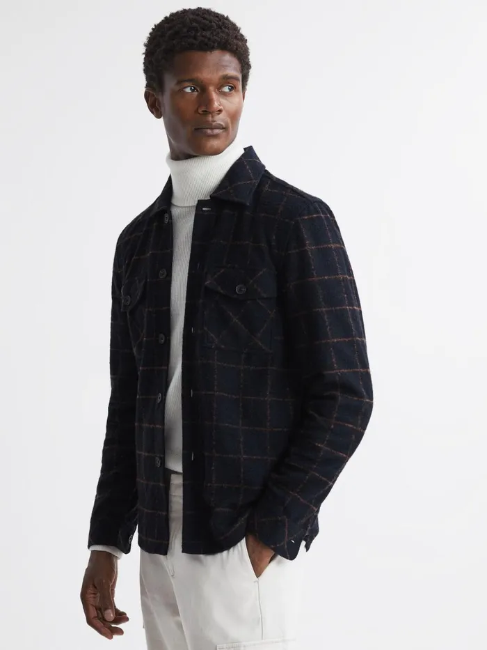 Men Reiss Knitwear Pearce Brushed Wool Check Overshirt Navy