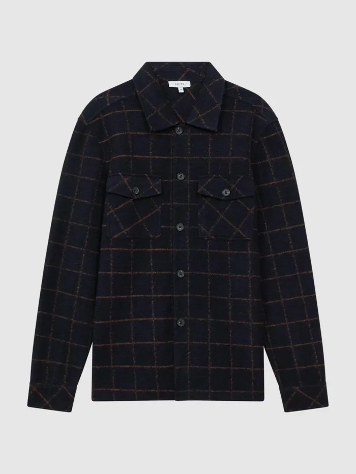 Men Reiss Knitwear Pearce Brushed Wool Check Overshirt Navy