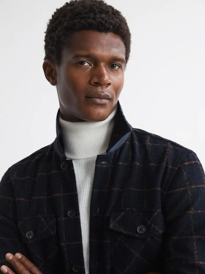 Men Reiss Knitwear Pearce Brushed Wool Check Overshirt Navy