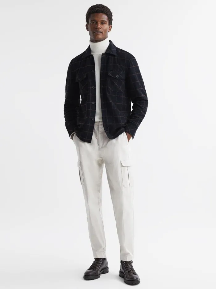 Men Reiss Knitwear Pearce Brushed Wool Check Overshirt Navy
