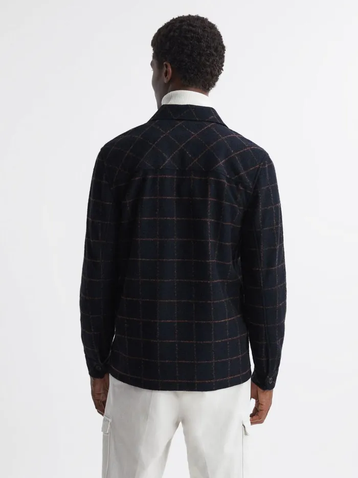 Men Reiss Knitwear Pearce Brushed Wool Check Overshirt Navy