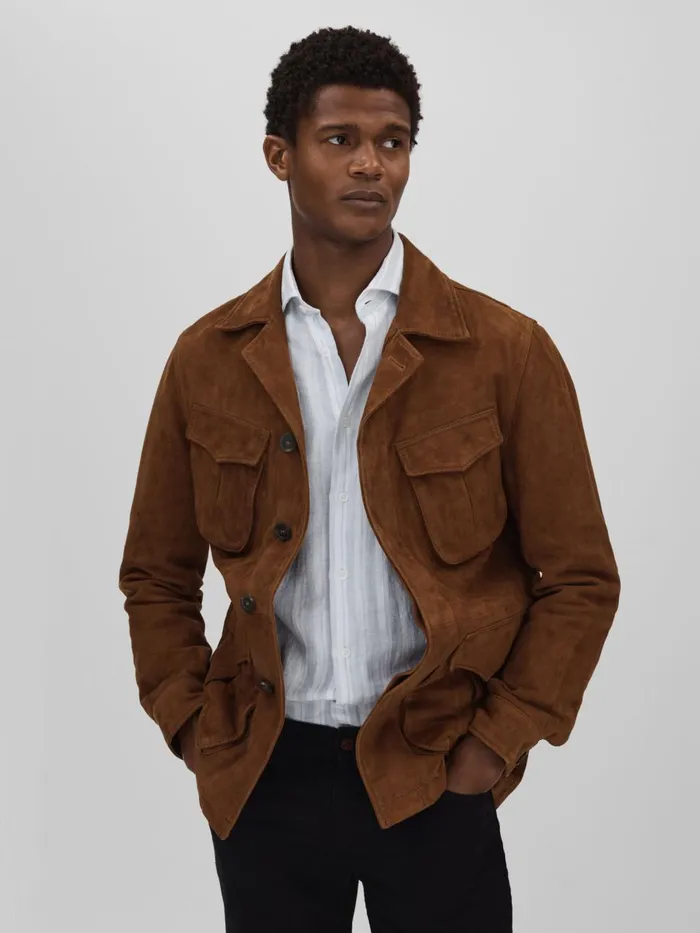 Men Reiss Leather and Suede Jackets Jacobson Single Breasted Workwear Jacket Brown