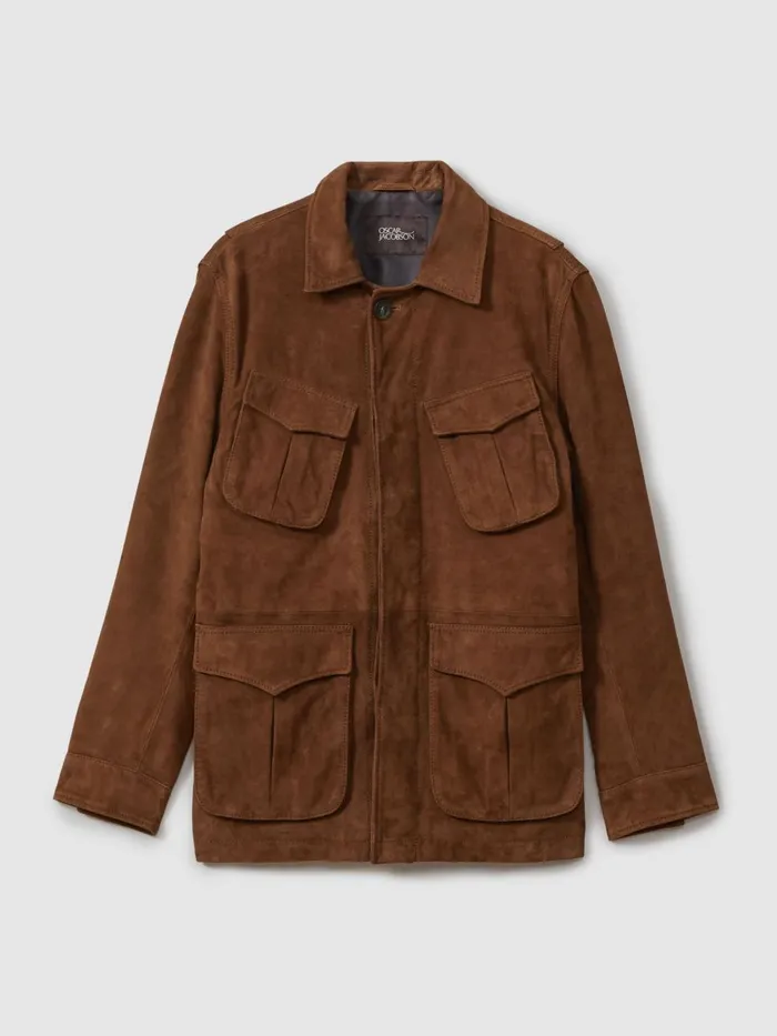 Men Reiss Leather and Suede Jackets Jacobson Single Breasted Workwear Jacket Brown