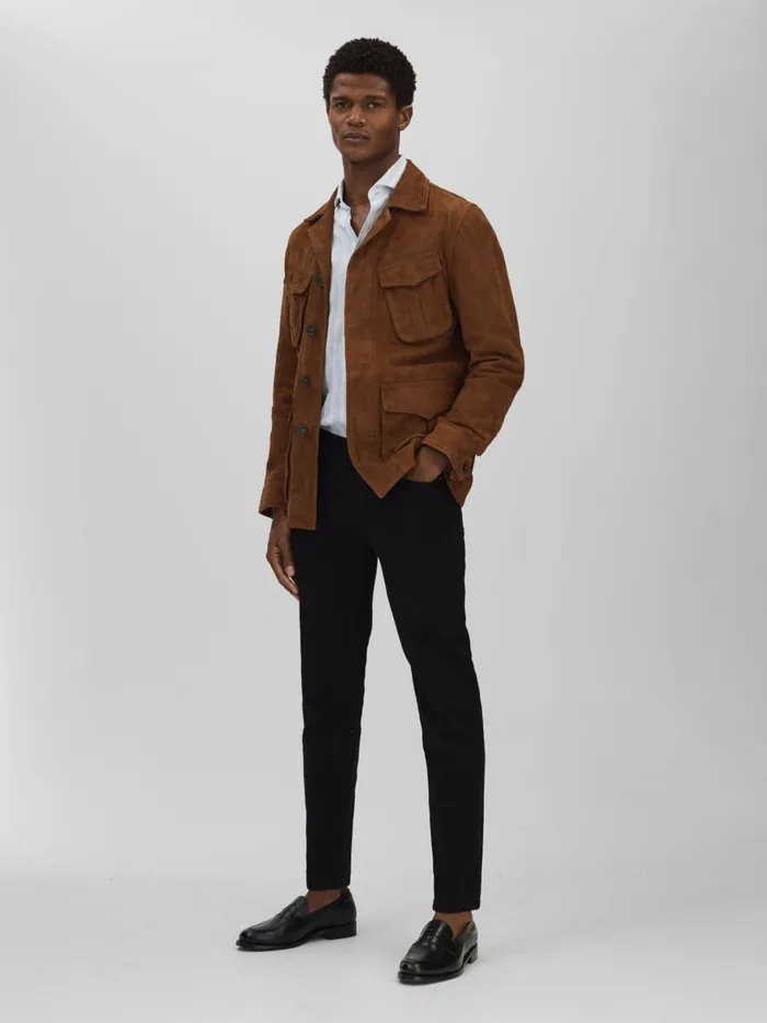 Men Reiss Leather and Suede Jackets Jacobson Single Breasted Workwear Jacket Brown