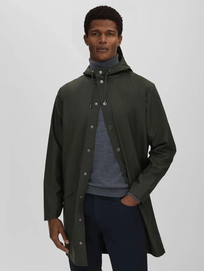 Men Reiss Outerwear and Coats Longline Hooded Raincoat Dark Green