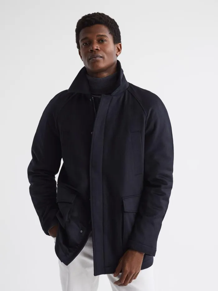 Men Reiss Outerwear and Coats Mandarin Zip Through Cashmere Coat Navy