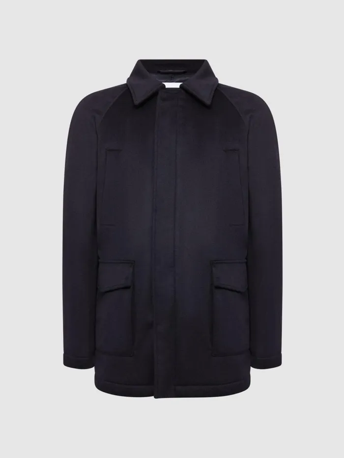 Men Reiss Outerwear and Coats Mandarin Zip Through Cashmere Coat Navy