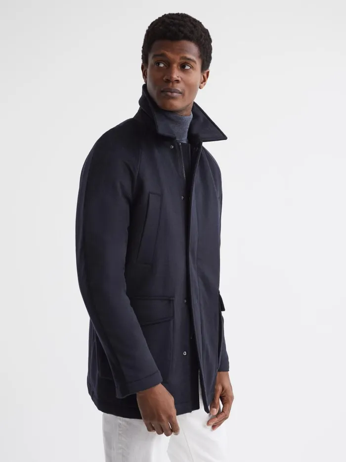 Men Reiss Outerwear and Coats Mandarin Zip Through Cashmere Coat Navy