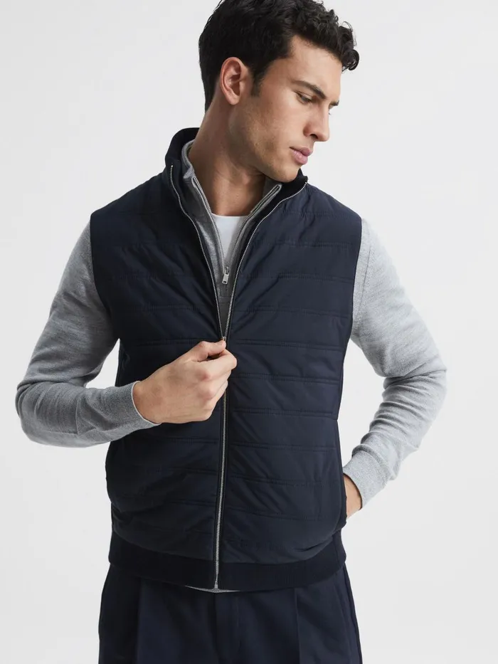 Men Reiss Outerwear and Coats William Hybrid Quilt And Knit ZipThrough Gilet Navy