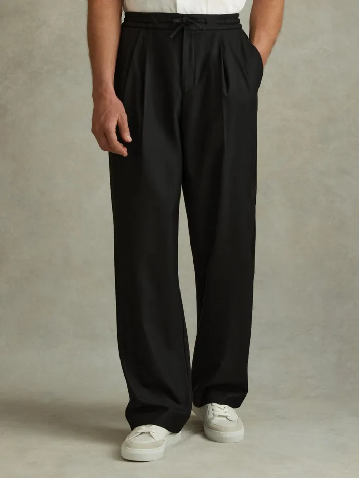 Men Reiss Pants Arden Relaxed Twill Drawstring Trousers Black