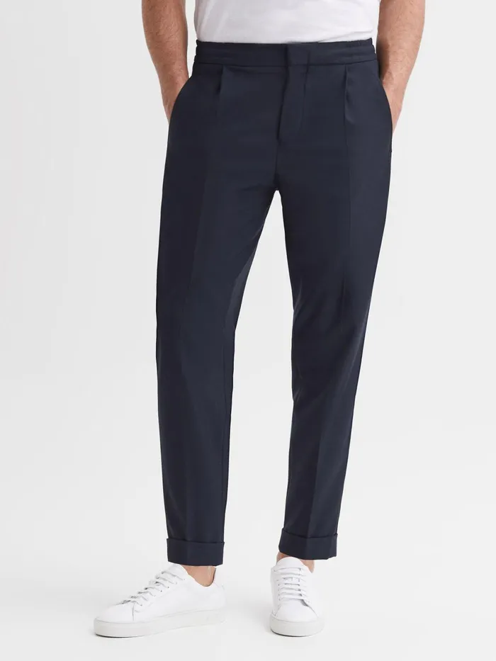 Men Reiss Pants Brighton Relaxed Drawstring Trousers With TurnUps Navy