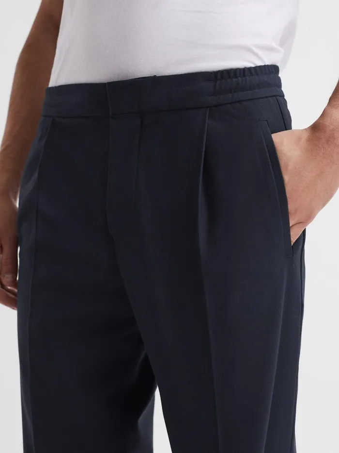 Men Reiss Pants Brighton Relaxed Drawstring Trousers With TurnUps Navy