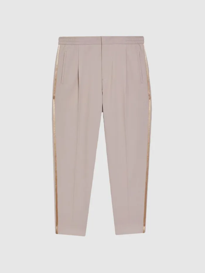 Men Reiss Pants Straight Relaxed Fit Striped Cropped Trousers Ivory