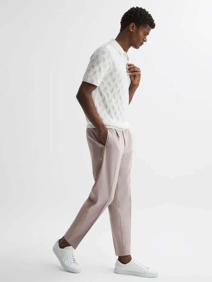 Men Reiss Pants Straight Relaxed Fit Striped Cropped Trousers Ivory