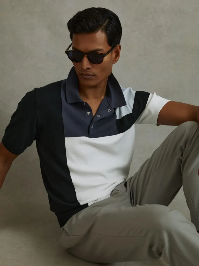 Men Reiss Polo Shirts Charge Colourblock Polo Shirt Blue Multi
