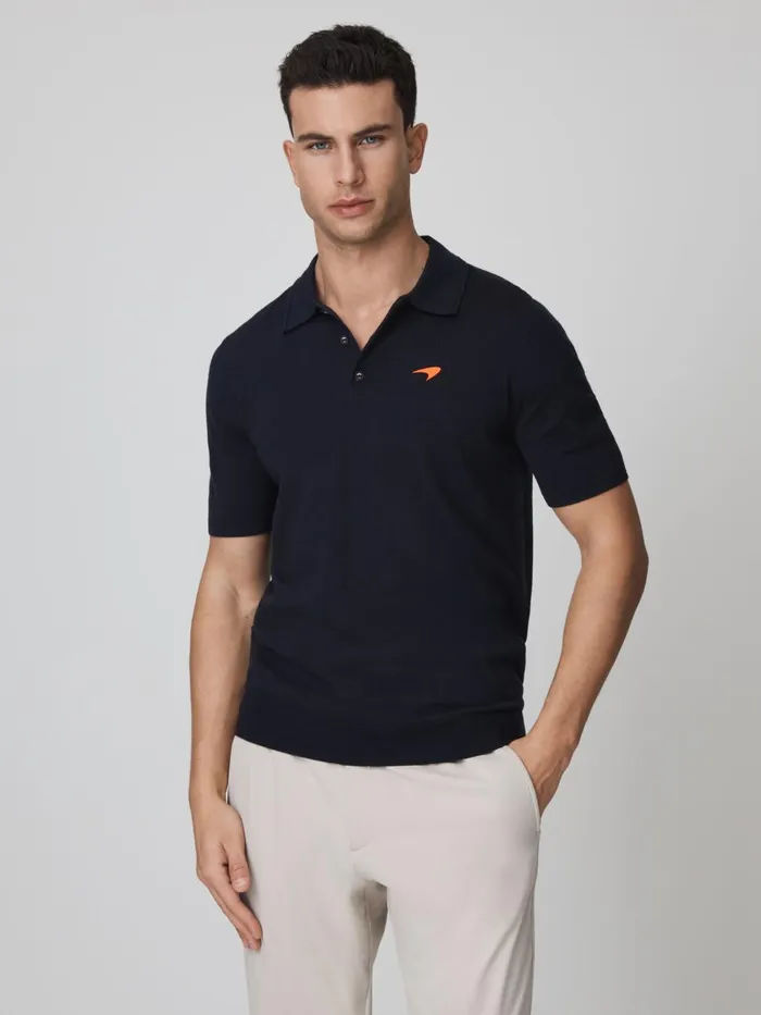 Men Reiss Polo Shirts F1 Merino Wool Polo Shirt Navy
