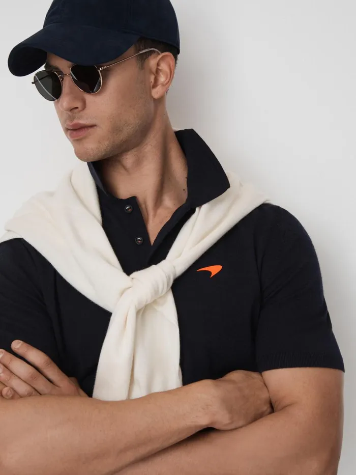 Men Reiss Polo Shirts F1 Merino Wool Polo Shirt Navy