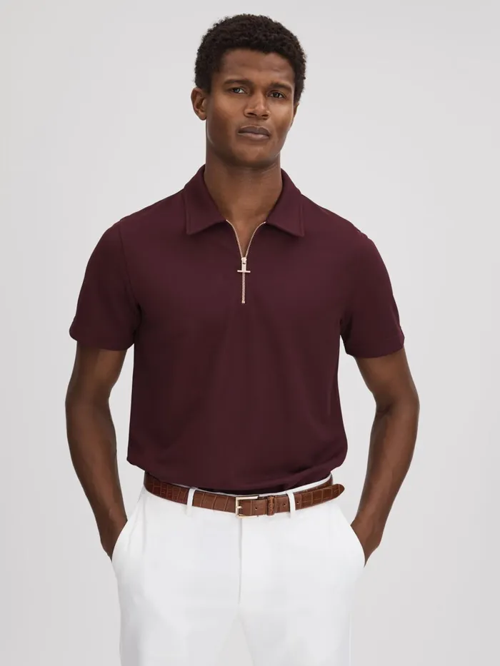 Men Reiss Polo Shirts Floyd Slim Fit HalfZip Polo Shirt Bordeaux