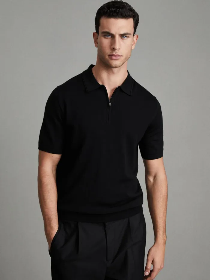 Men Reiss Polo Shirts Maxwell Merino Wool HalfZip Polo Shirt Black
