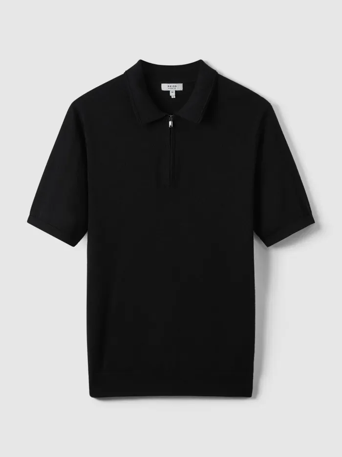 Men Reiss Polo Shirts Maxwell Merino Wool HalfZip Polo Shirt Black