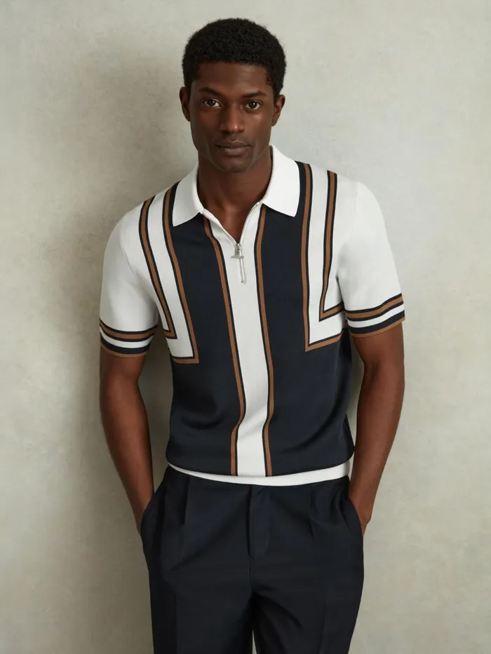 Men Reiss Polo Shirts Orion Knitted Half Zip Polo Shirt Navywhite
