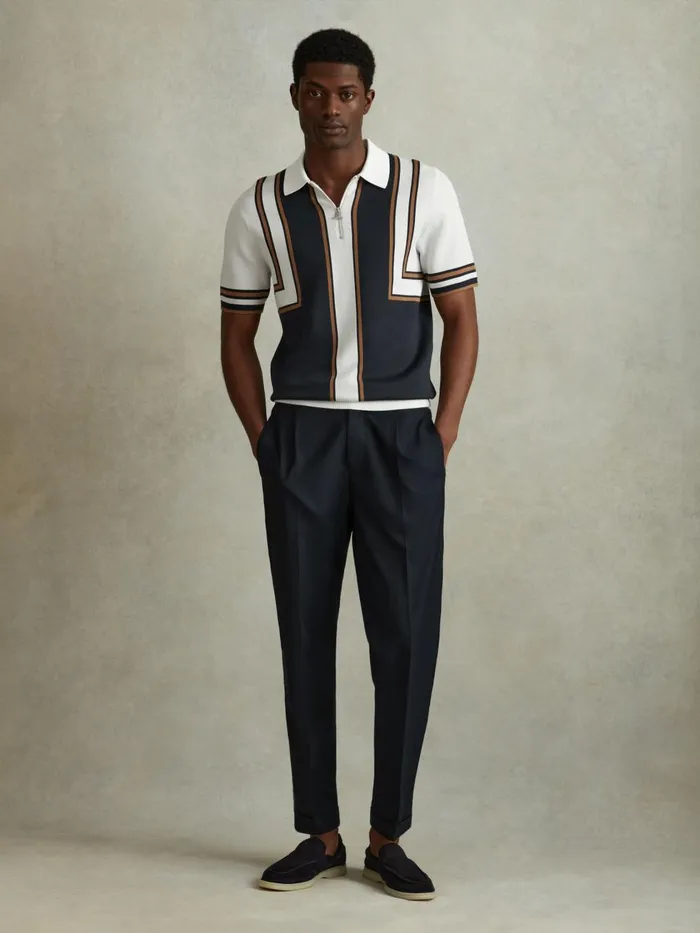 Men Reiss Polo Shirts Orion Knitted Half Zip Polo Shirt Navywhite