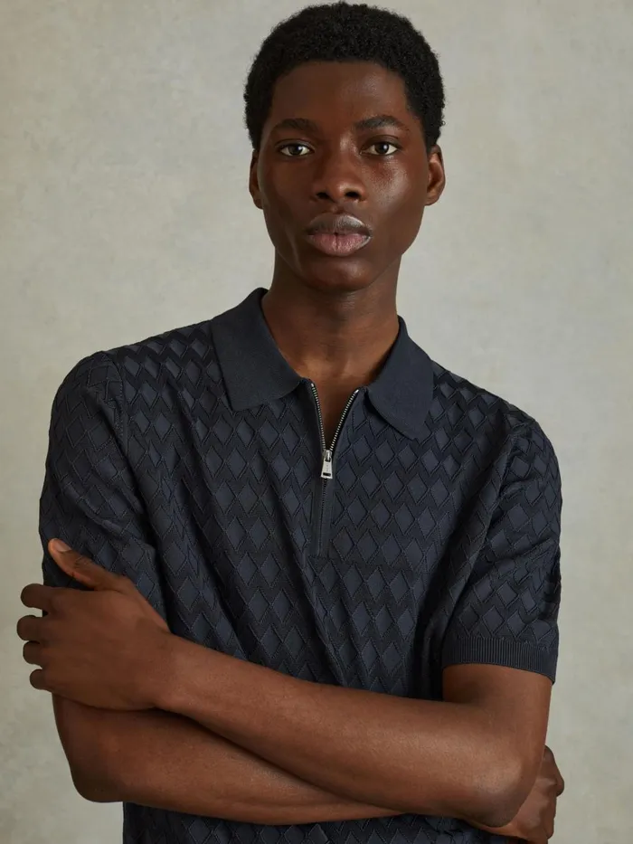 Men Reiss Polo Shirts Rizzo HalfZip Knitted Polo Shirt Navy