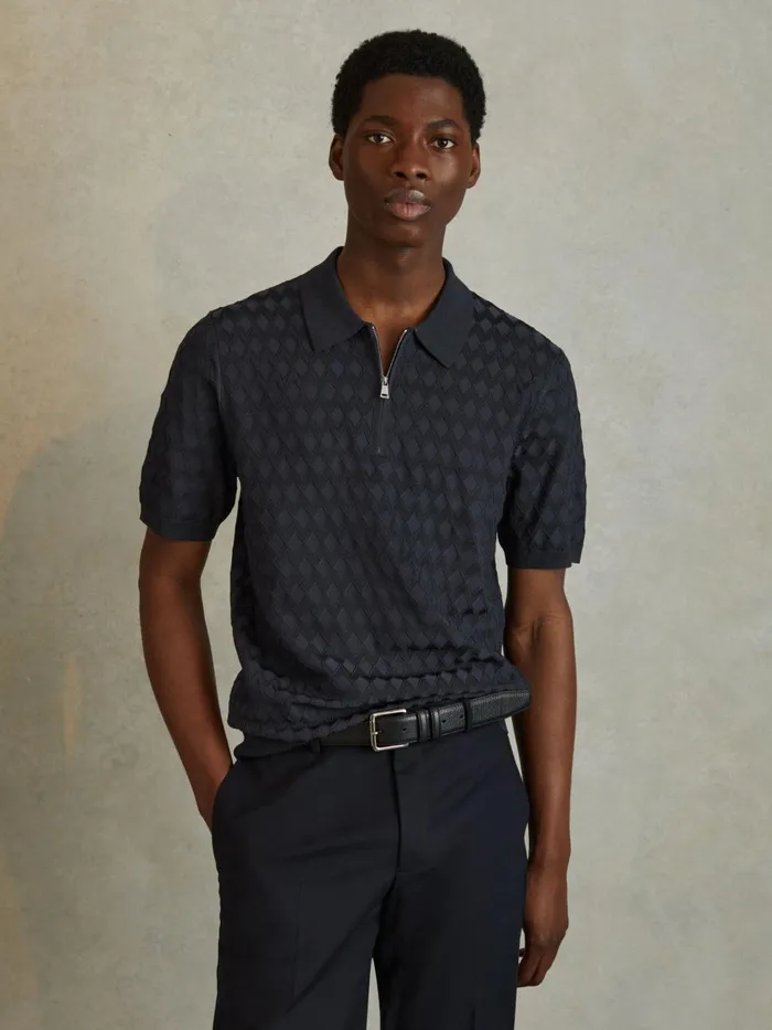 Men Reiss Polo Shirts Rizzo HalfZip Knitted Polo Shirt Navy