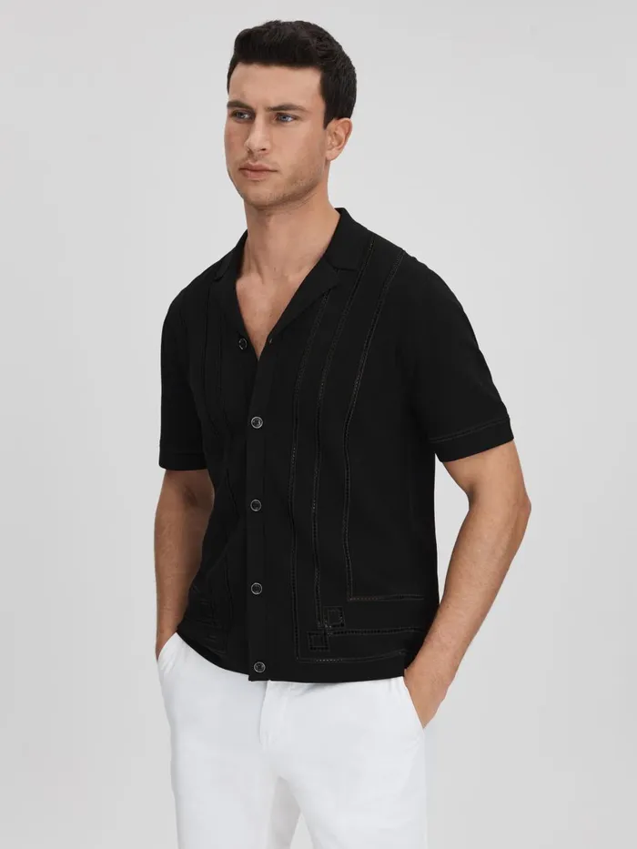 Men Reiss Shirts Heartwood Embroidered Cuban Collar Shirt Black