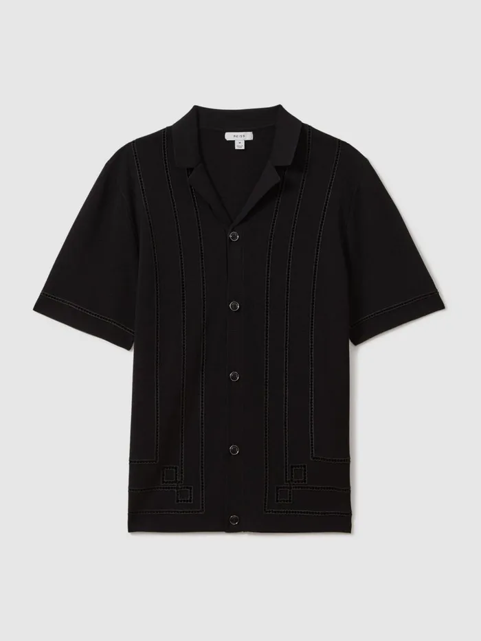 Men Reiss Shirts Heartwood Embroidered Cuban Collar Shirt Black