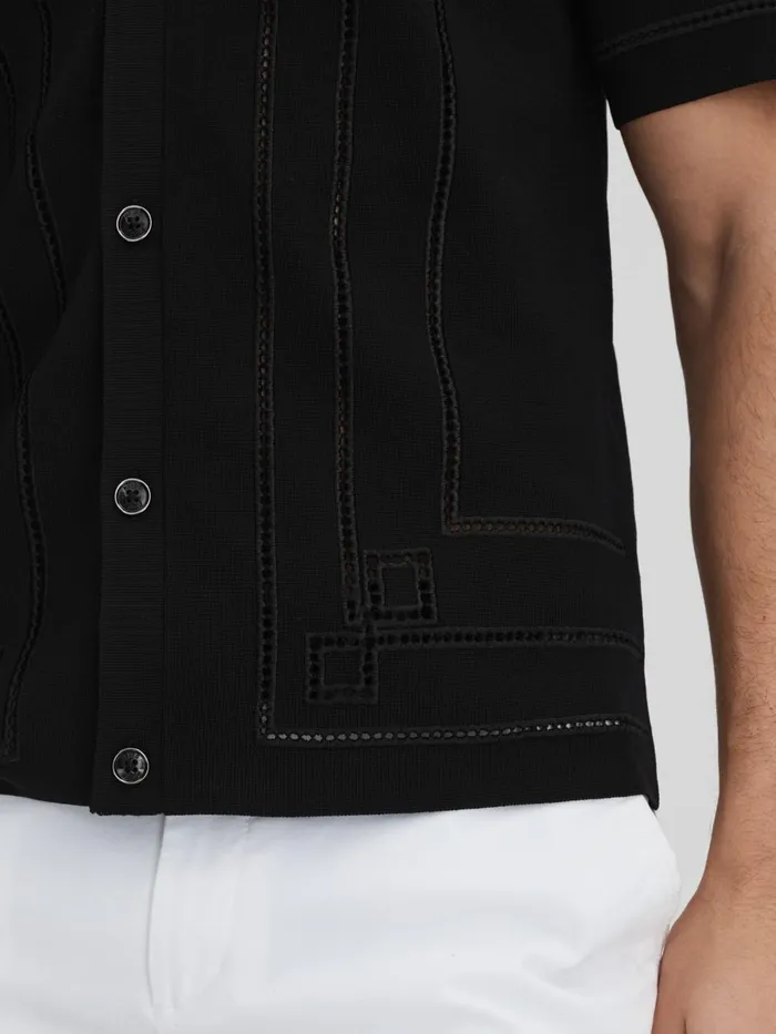 Men Reiss Shirts Heartwood Embroidered Cuban Collar Shirt Black