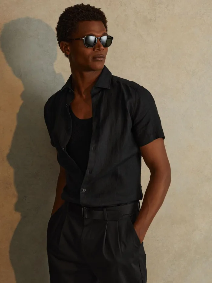 Men Reiss Shirts Holiday Slim Fit Linen ButtonThrough Shirt Black