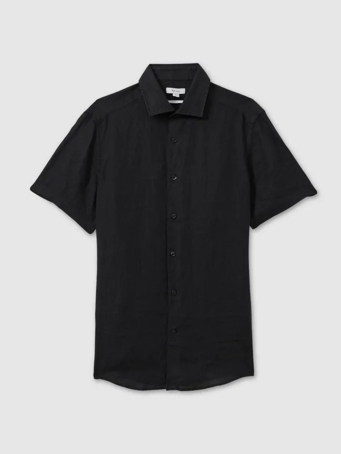Men Reiss Shirts Holiday Slim Fit Linen ButtonThrough Shirt Black